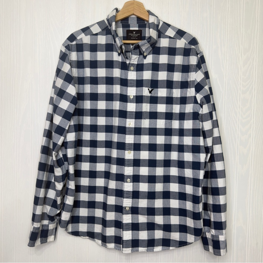 AEO Classic Blue Plaid button up long sleeve shirt size XL